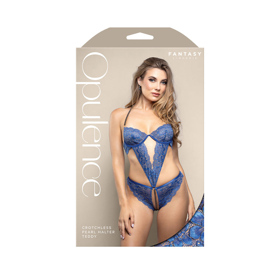Opulence Crotchless Pearl Halter Teddy Ml Royal Blue M/L Size