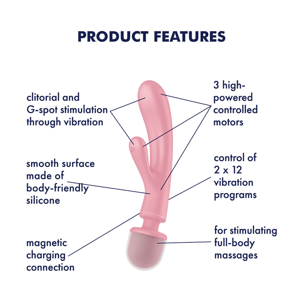 Satisfyer Triple Lover Pink Usb Rechargeable Rabbit Vibrator And Massage Wand