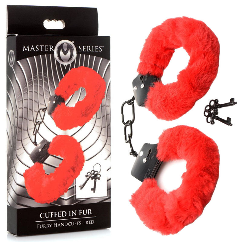 Master Series Cuffed In Fur Red Fluffy Handcuffs