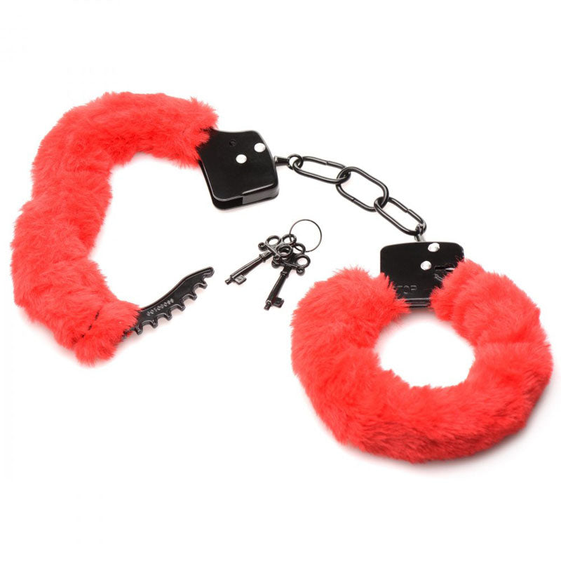 Master Series Cuffed In Fur Red Fluffy Handcuffs