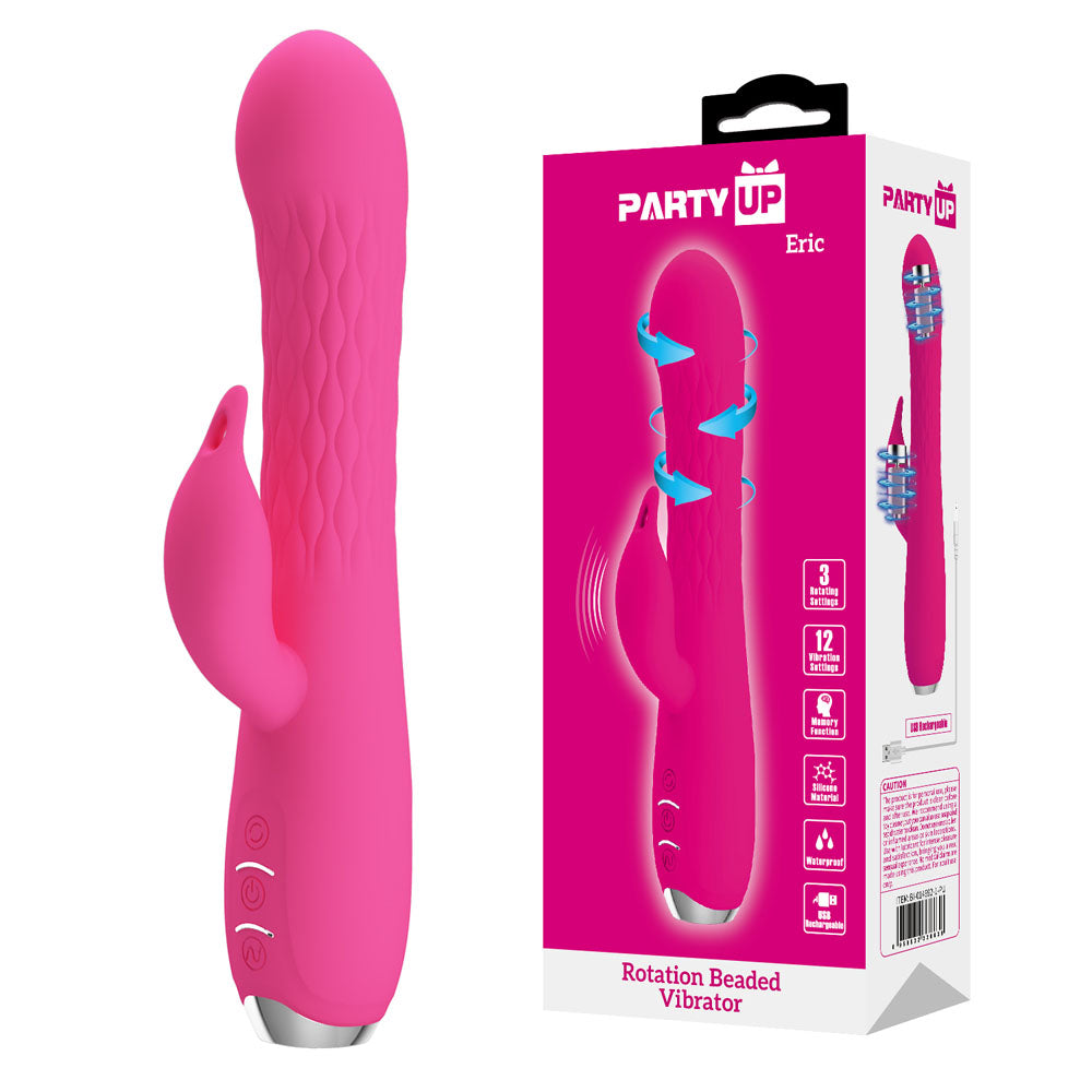 Party Up Eric Rotating Beads Vibrator Pink Pink 20.5 Cm Usb Rechargeable Rabbit Vibrator With Rotating Bead Shaft