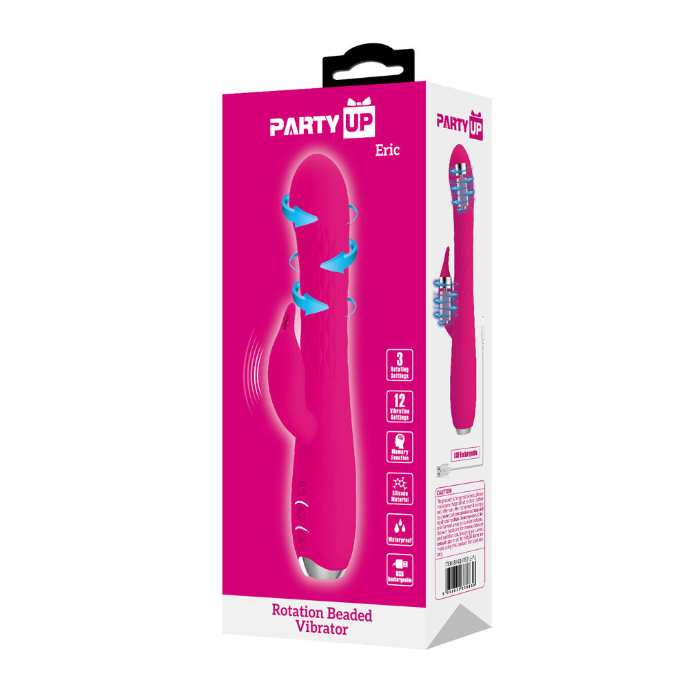 Party Up Eric Rotating Beads Vibrator Pink Pink 20.5 Cm Usb Rechargeable Rabbit Vibrator With Rotating Bead Shaft