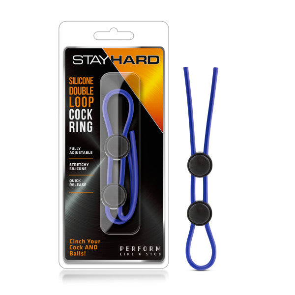 Stay Hard Silicone Double Loop Cock Ring Blue Adjustable Lasso Cock Ring