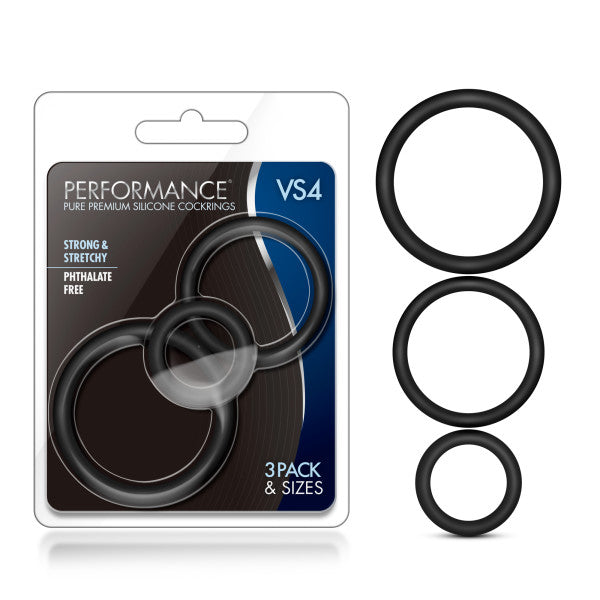 Performance Vs4 Pure Premium Silicone Cockrings Black Cock Rings Set Of 3 Sizes