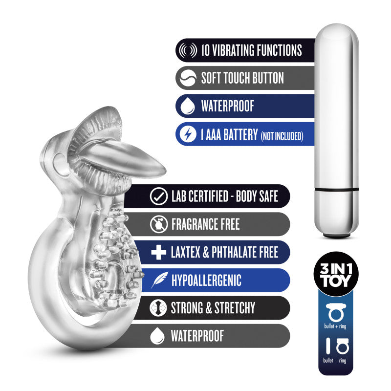 Stay Hard 10 Function Vibrating Tongue Ring Clear Vibrating Cock & Ball Ring