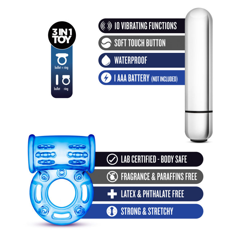 Stay Hard 10 Function Vibrating Bull Ring Blue Vibrating Cock Ring
