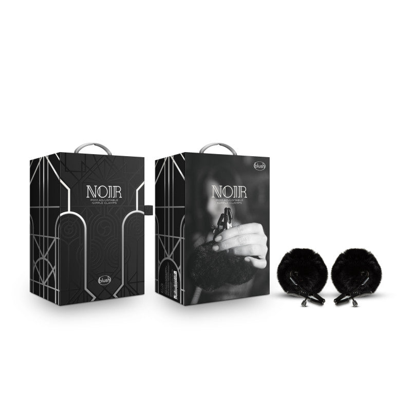 Noir Pom Adjustable Nipple Clamps Black Furry Nipple Clamps