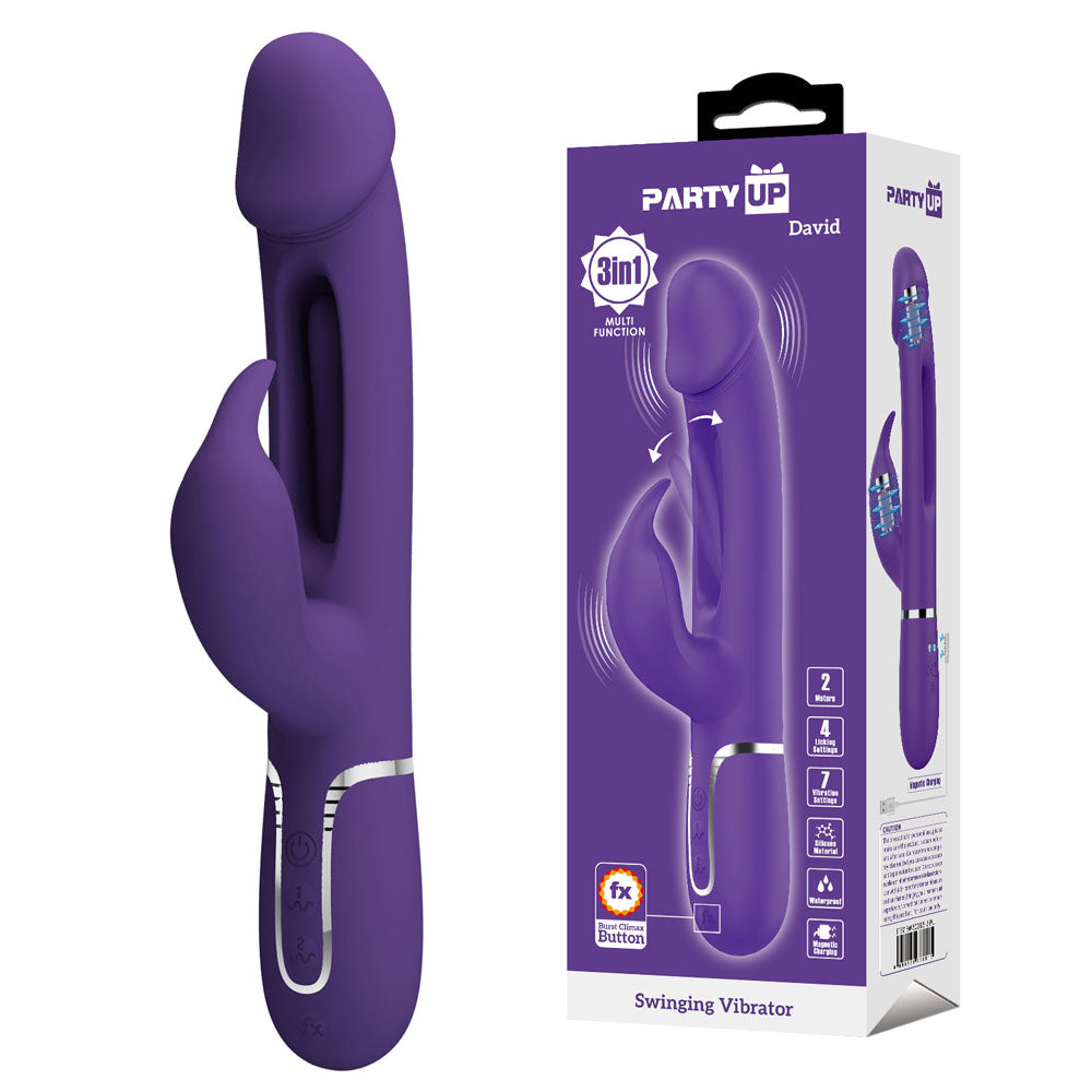 Party Up David Swinging Vibe Purple Purple 23.2 Cm Usb Rechargeable Rabbit Vibrator With Flicking Arm
