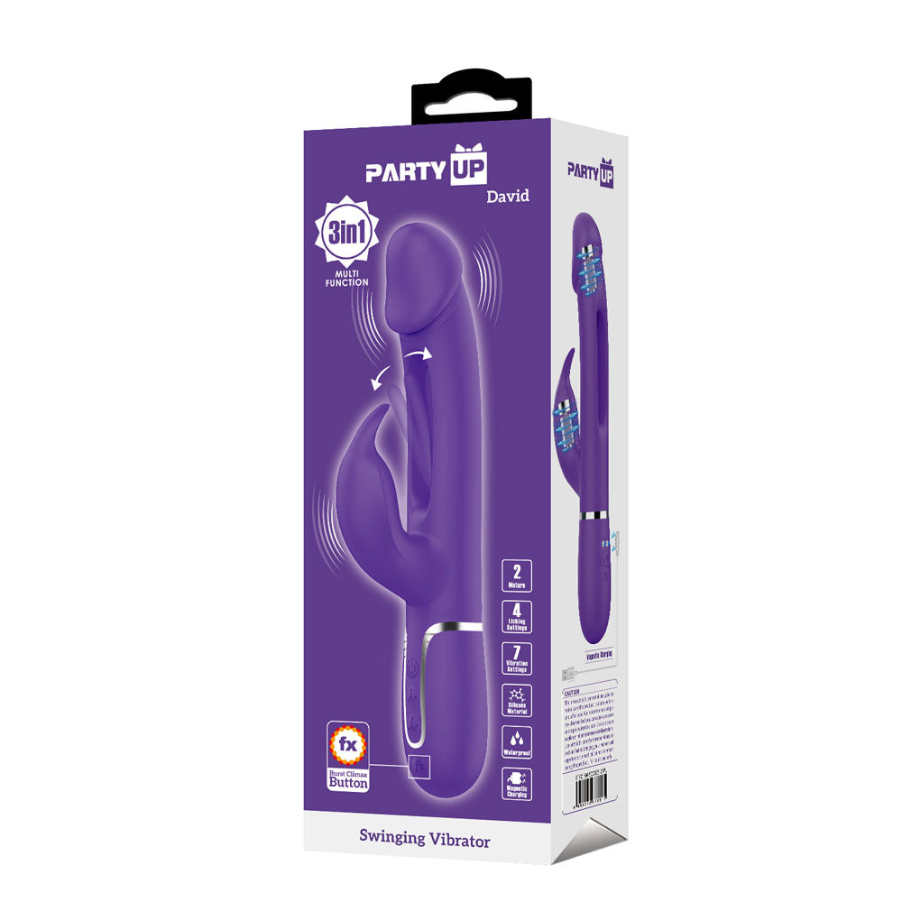 Party Up David Swinging Vibe Purple Purple 23.2 Cm Usb Rechargeable Rabbit Vibrator With Flicking Arm