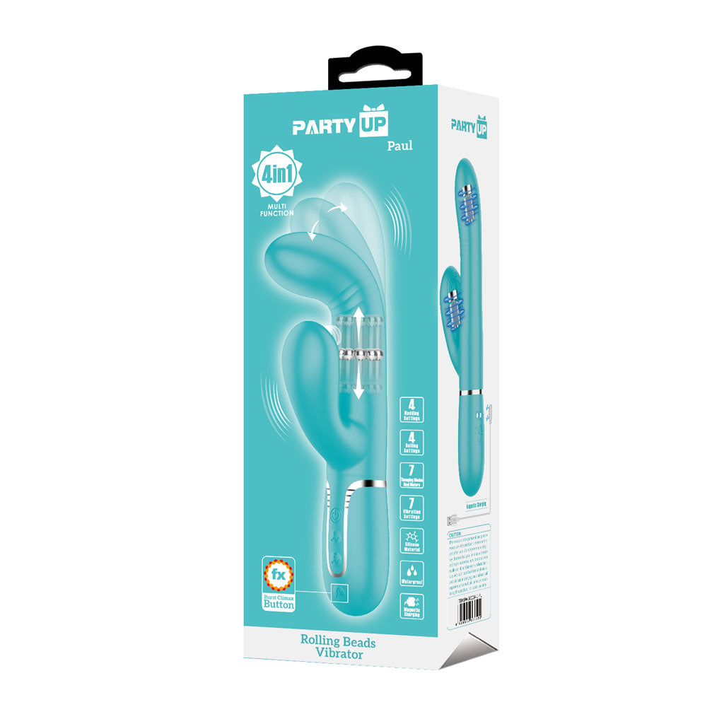 Party Up Paul Rolling Beads Vibrator Teal Teal 22.6 Cm Usb Rechargeable Thrusting Rabbit Vibrator