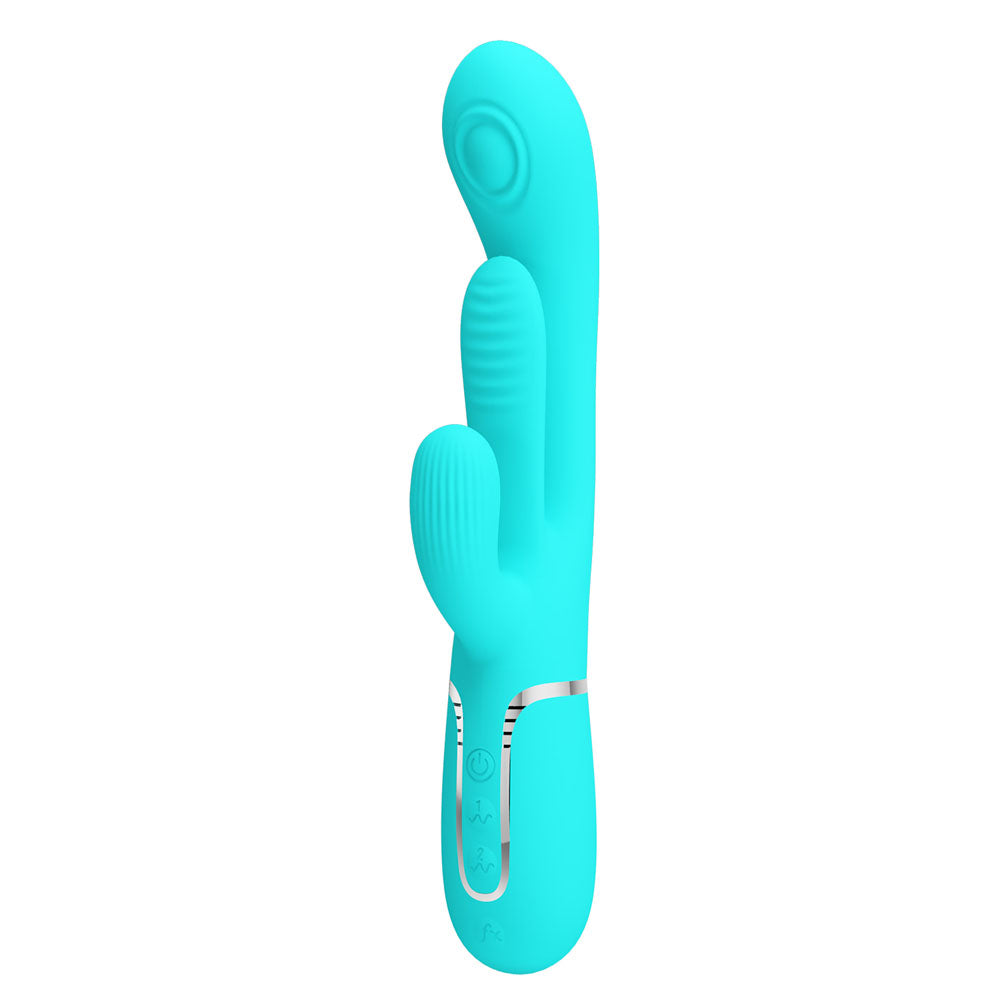 Party Up Andy Multi Function Vibrator Teal Teal 22.2 Cm Usb Rechargeable Rabbit Vibrator With Flicking And Thumping Tip
