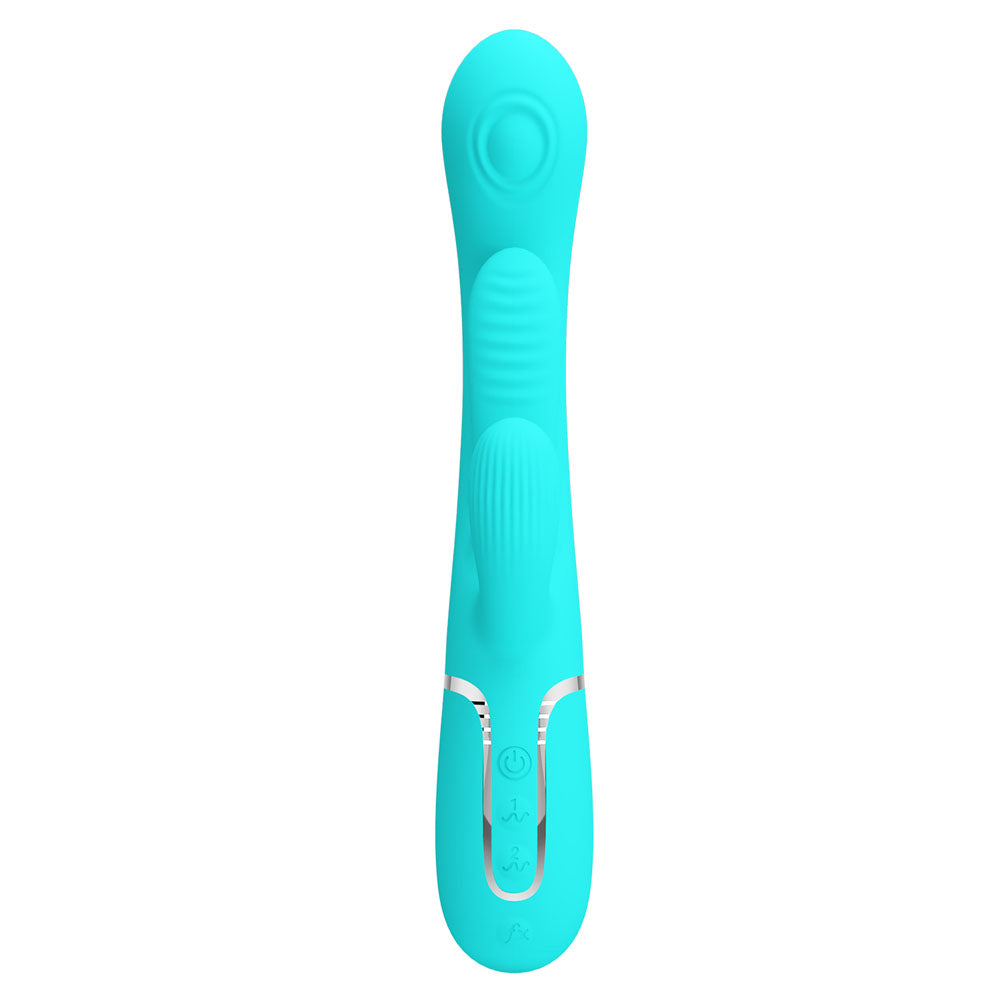 Party Up Andy Multi Function Vibrator Teal Teal 22.2 Cm Usb Rechargeable Rabbit Vibrator With Flicking And Thumping Tip