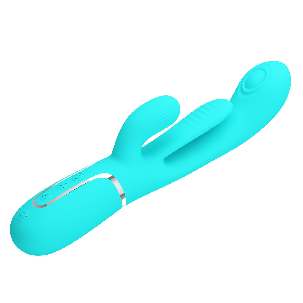 Party Up Andy Multi Function Vibrator Teal Teal 22.2 Cm Usb Rechargeable Rabbit Vibrator With Flicking And Thumping Tip