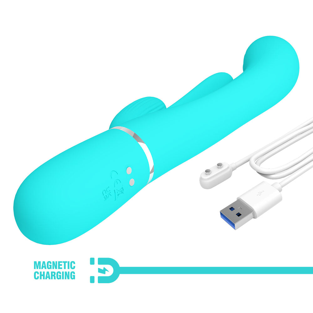Party Up Andy Multi Function Vibrator Teal Teal 22.2 Cm Usb Rechargeable Rabbit Vibrator With Flicking And Thumping Tip