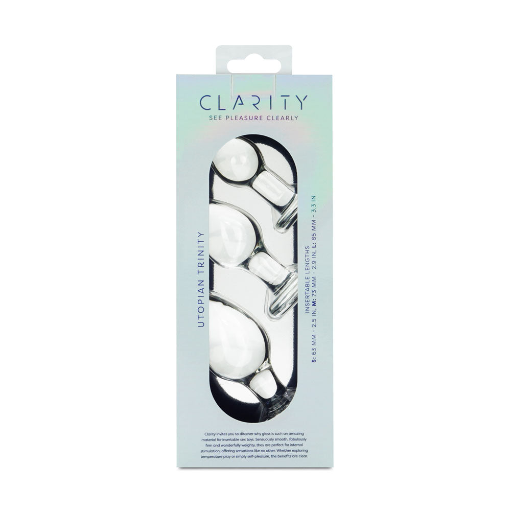 Clarity Utopian Trinity Clear Glass Butt Plugs Set Of 3 Sizes