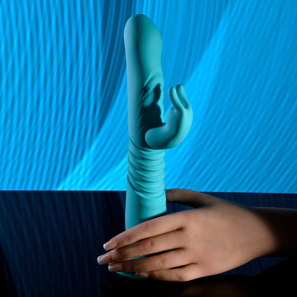 Evolved Bunny Hop Teal 25.1 Cm Usb Rechargeable Thrusting Rabbit Vibrator With Suction Base