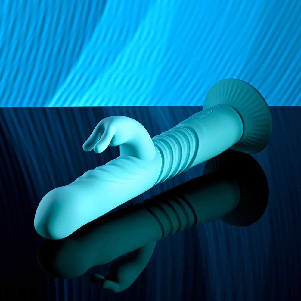 Evolved Bunny Hop Teal 25.1 Cm Usb Rechargeable Thrusting Rabbit Vibrator With Suction Base