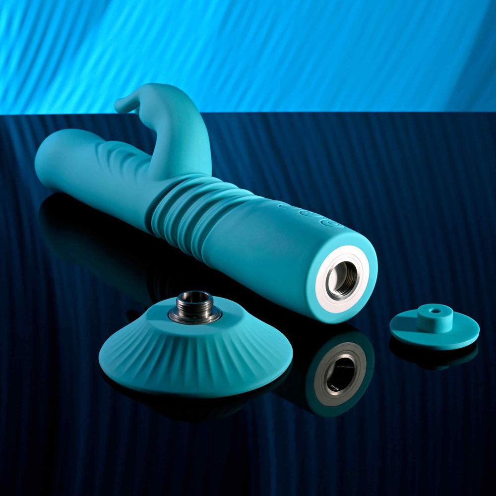Evolved Bunny Hop Teal 25.1 Cm Usb Rechargeable Thrusting Rabbit Vibrator With Suction Base