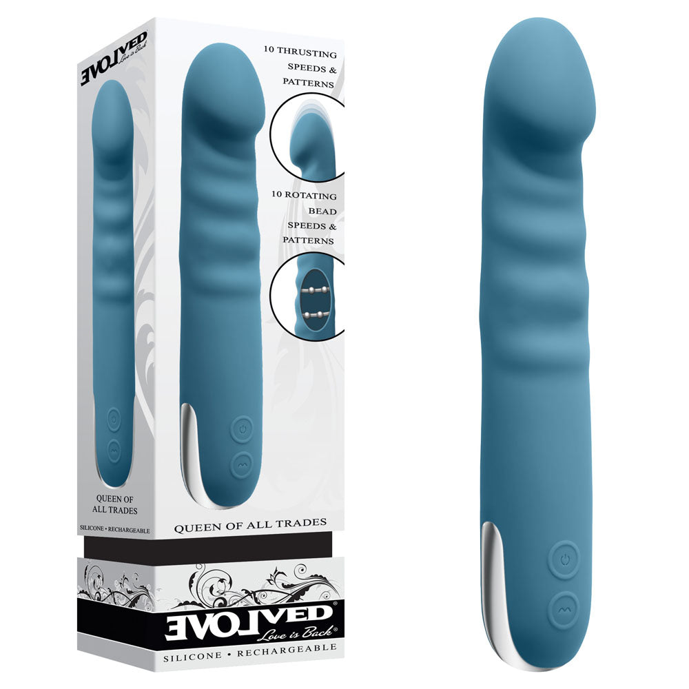 Evolved Queen Of All Trades Blue 22.6 Cm Usb Rechargeable Thrusting & Rotating Vibrator