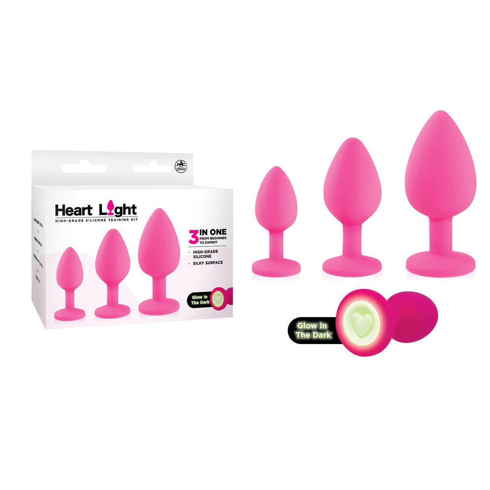 Heart Light Pink Pink Butt Plugs With Glow In Dark Bases Set Of 3 Sizes
