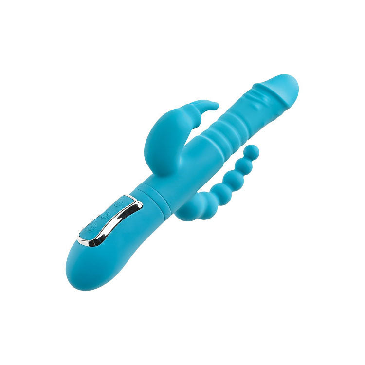 Adam & Eve Thrusting Triple Joy Rabbit Teal 25.4 Cm Usb Rechargeable Rabbit Vibrator With Anal Probe