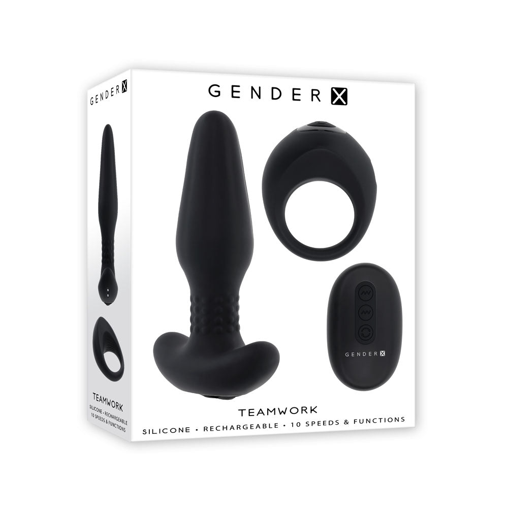 Gender X Teamwork Black Usb Rechargeable Rimming Butt Plug & Vibrating Cock Ring