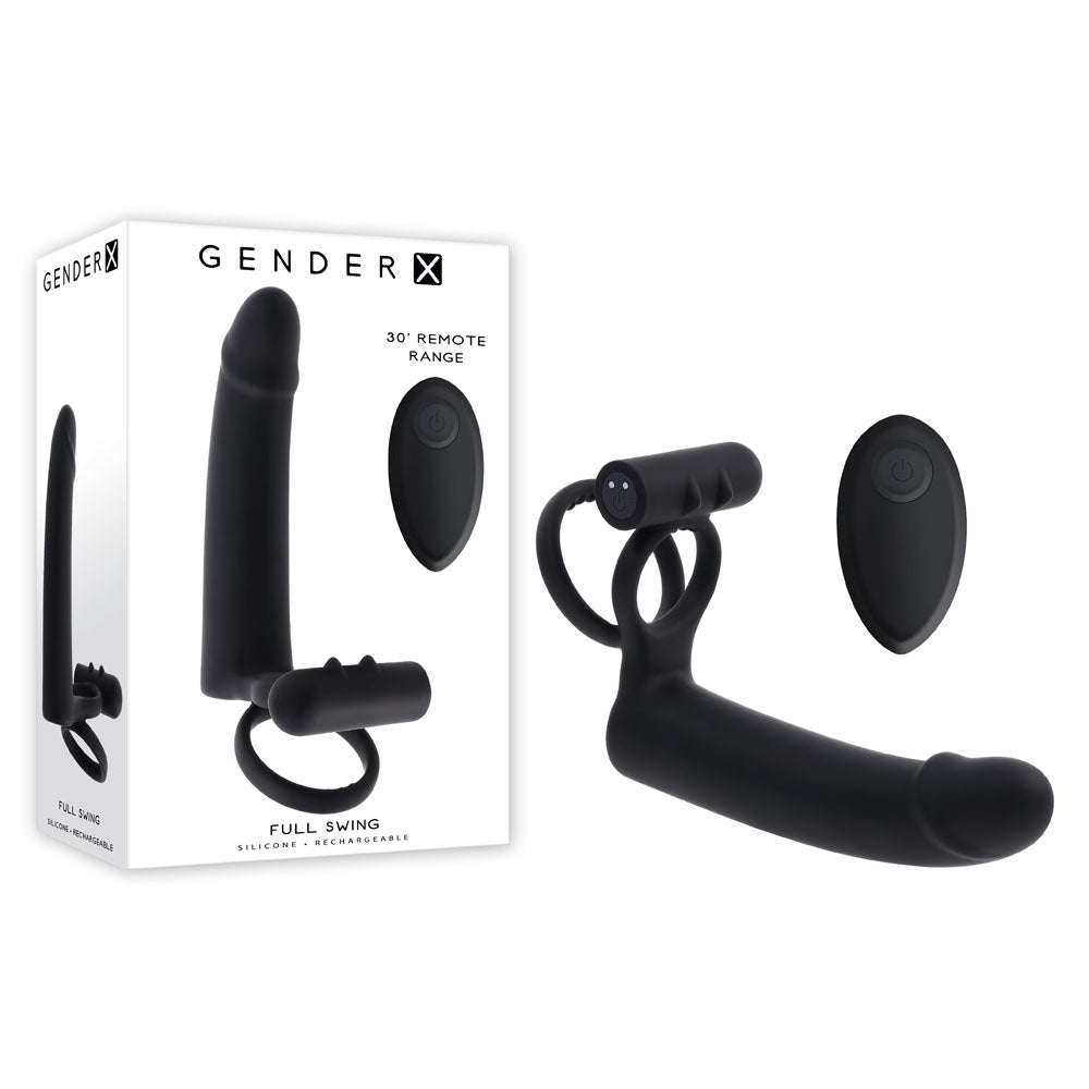 Gender X Full Swing Black Usb Rechargeable Vibrating Cock Ring With Double Penetrator Dildo