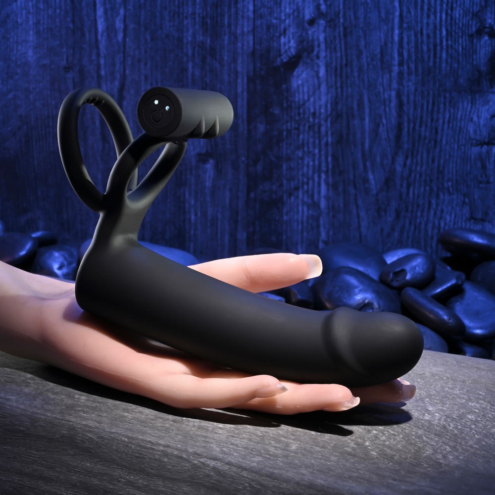 Gender X Full Swing Black Usb Rechargeable Vibrating Cock Ring With Double Penetrator Dildo