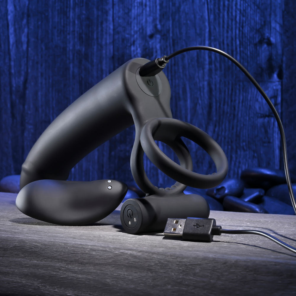 Gender X Full Swing Black Usb Rechargeable Vibrating Cock Ring With Double Penetrator Dildo