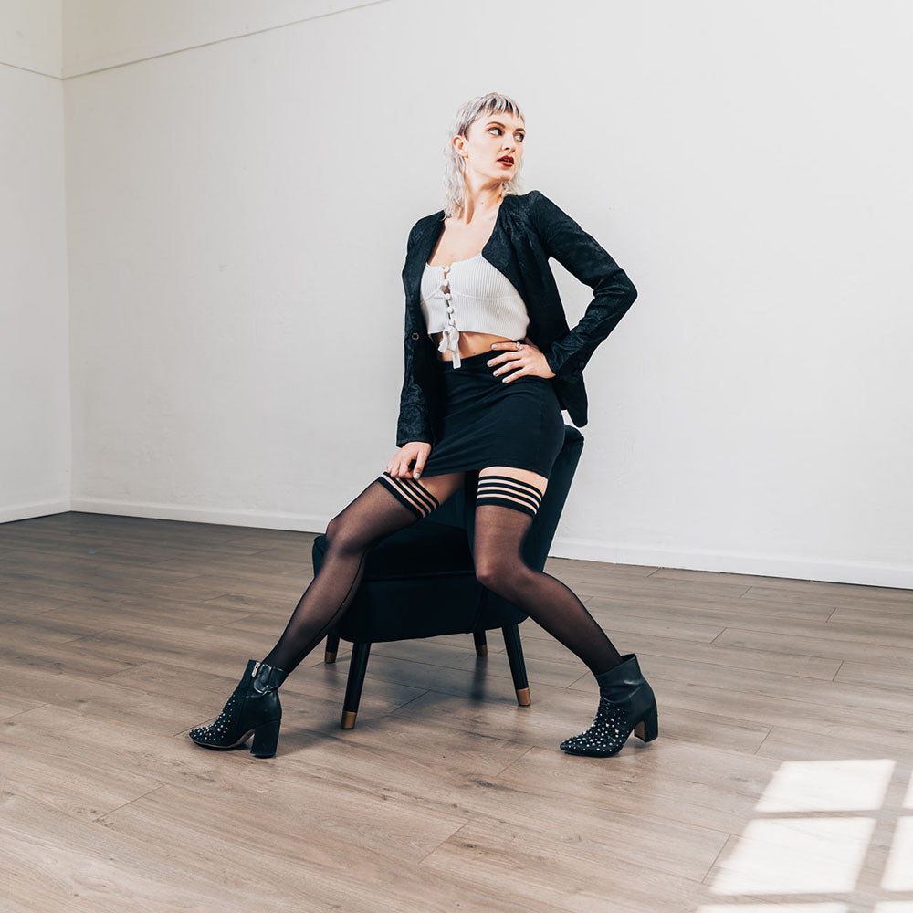Kixies Lois Black With Back Seam Thigh Highs Black Stockings Size A