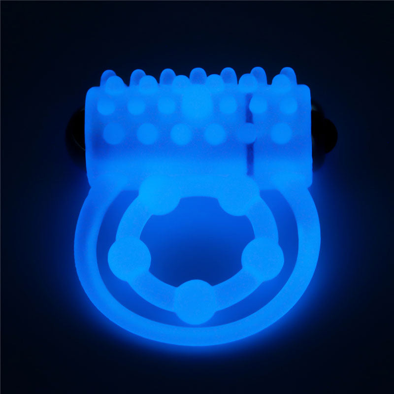 Lumino Play Vibrating Penis & Balls Ring Glow In The Dark Blue Vibrating Cock Ring