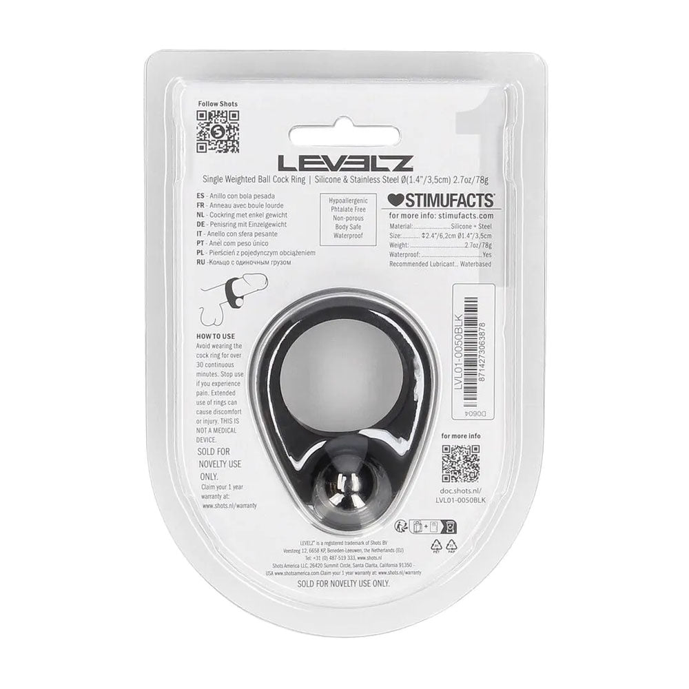 Levelz Single Weighted Ball Cock Ring Black Black Weighted Cock Ring