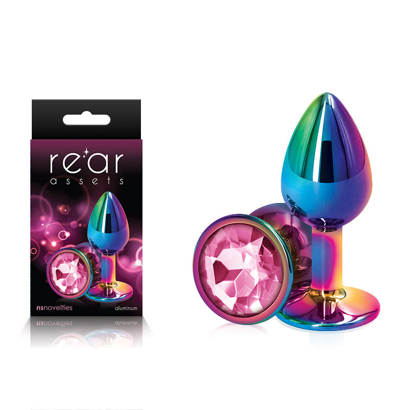 Rear Assets Multi Coloured Small Multi Coloured Small Metal Butt Plug With Pink Gem Base