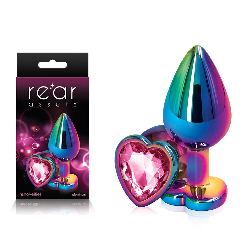 Rear Assets Multi Coloured Heart Multi Coloured Medium Metal Butt Plug With Pink Heart Gem Base