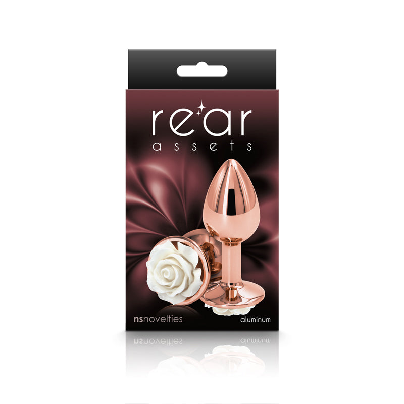 Rear Assets Rose Small Rose Gold 7.6 Cm Metal Butt Plug With White Rose Base