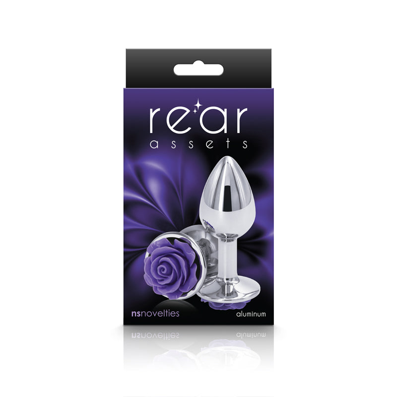 Rear Assets Rose Small Chrome 7.6 Cm Metal Butt Plug With Purple Rose Base