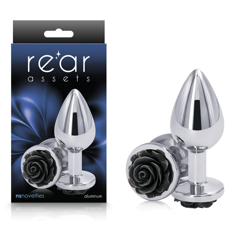 Rear Assets Rose Medium Chrome 8.9 Cm Metal Butt Plug With Black Rose Base