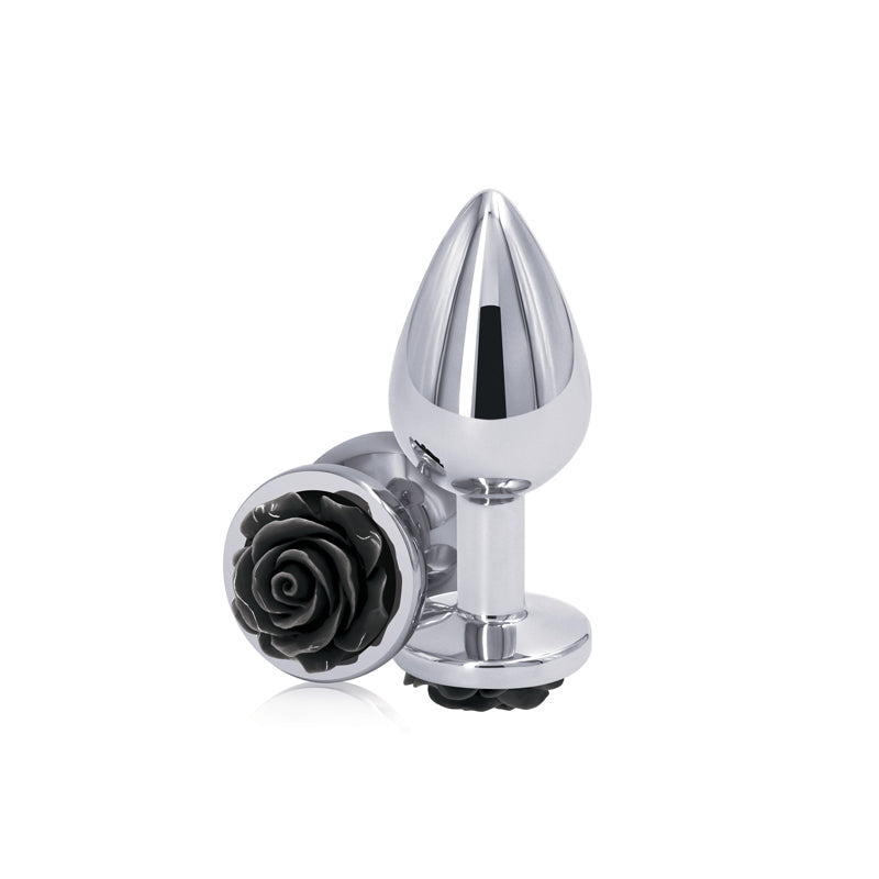 Rear Assets Rose Medium Chrome 8.9 Cm Metal Butt Plug With Black Rose Base