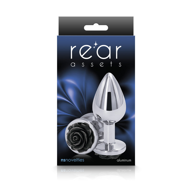 Rear Assets Rose Medium Chrome 8.9 Cm Metal Butt Plug With Black Rose Base