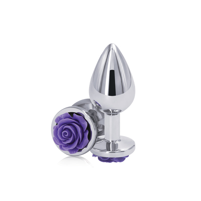 Rear Assets Rose Medium Chrome 8.9 Cm Metal Butt Plug With Purple Rose Base