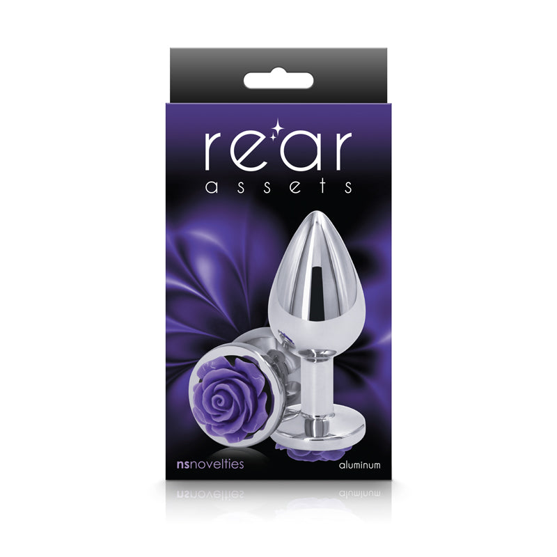 Rear Assets Rose Medium Chrome 8.9 Cm Metal Butt Plug With Purple Rose Base