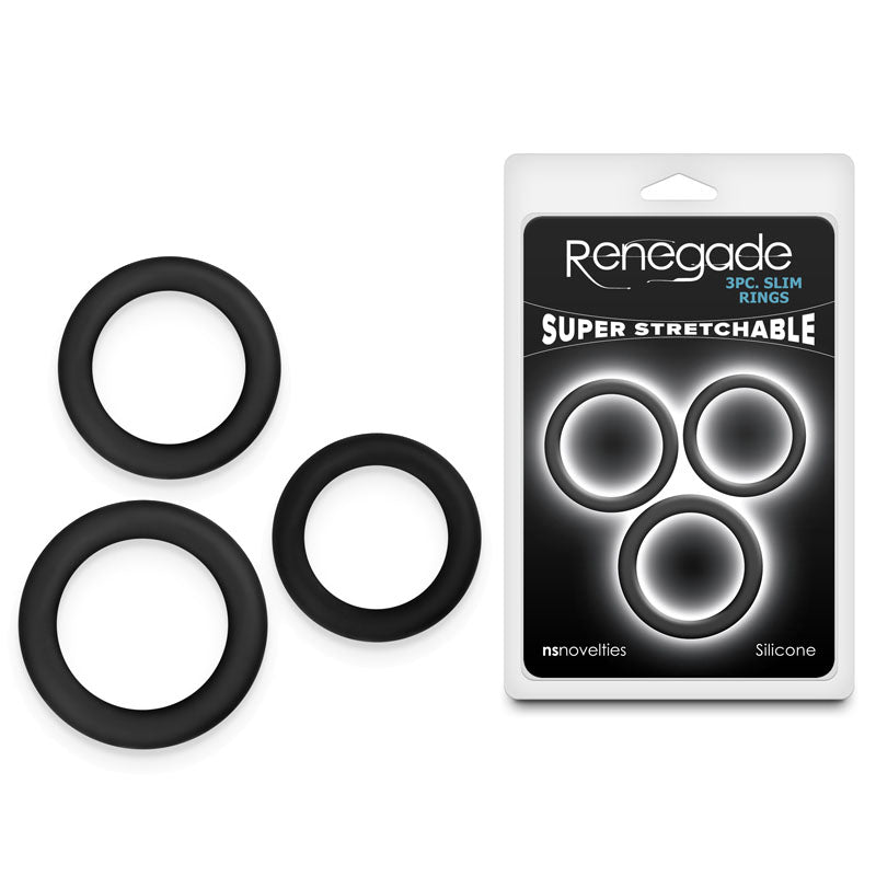 Renegade 3pc Slim Rings Black Black Cock Rings Set Of 3 Sizes