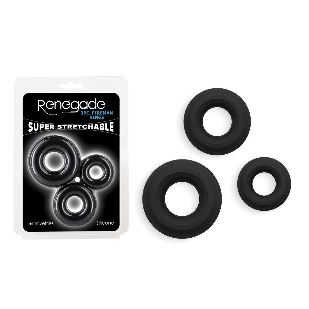 Renegade 3pc Fireman Rings Black Black Cock Rings Set Of 3 Sizes