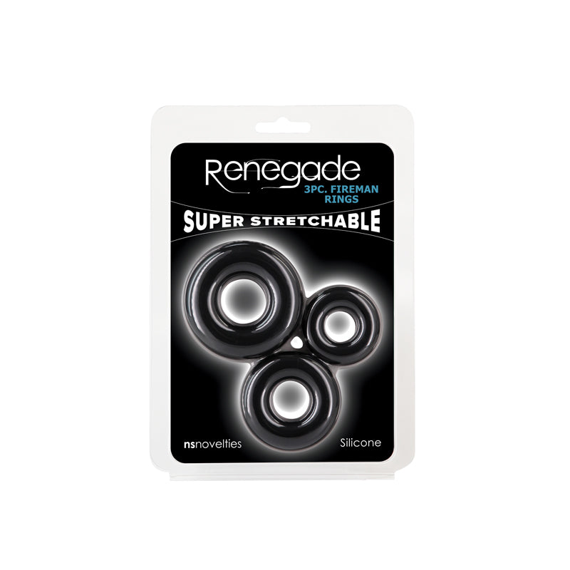 Renegade 3pc Fireman Rings Black Black Cock Rings Set Of 3 Sizes