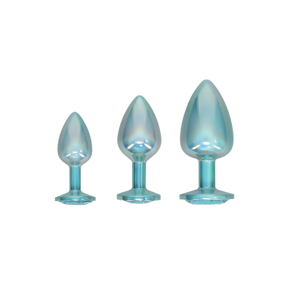 Ouch! Paris Collection Metal Anal Plug Set Blue Metallic Blue Butt Plugs With Gem Bases Set Of 3 Sizes