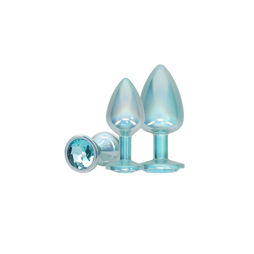 Ouch! Paris Collection Metal Anal Plug Set Blue Metallic Blue Butt Plugs With Gem Bases Set Of 3 Sizes