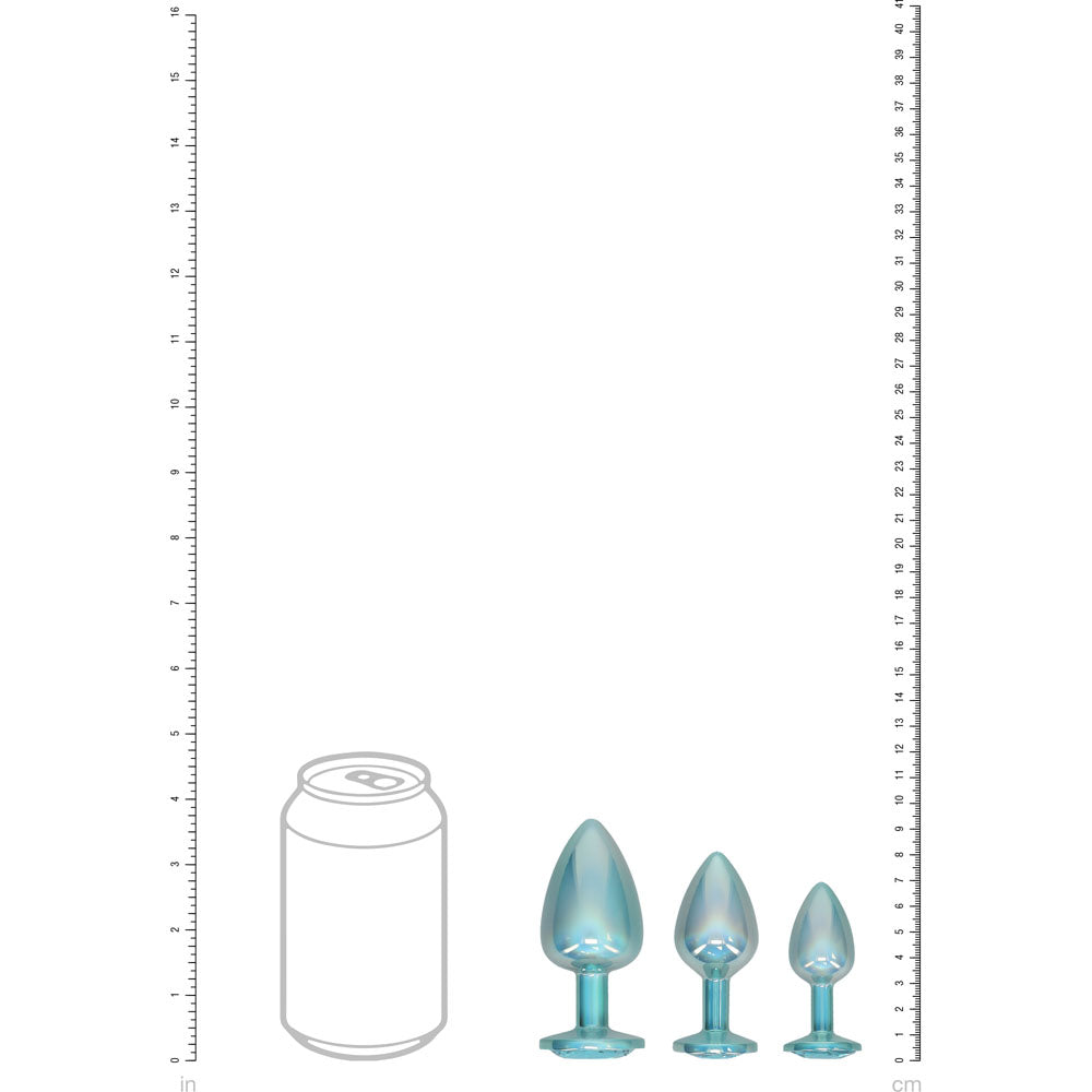 Ouch! Paris Collection Metal Anal Plug Set Blue Metallic Blue Butt Plugs With Gem Bases Set Of 3 Sizes