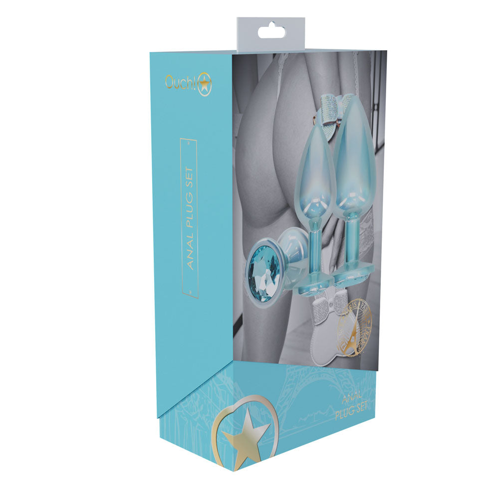 Ouch! Paris Collection Metal Anal Plug Set Blue Metallic Blue Butt Plugs With Gem Bases Set Of 3 Sizes