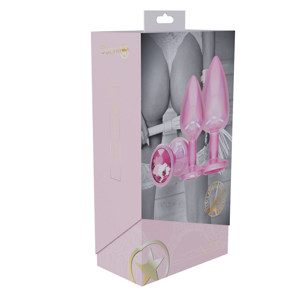 Ouch! Paris Collection Metal Anal Plug Set Pink Metallic Pink Butt Plugs With Gem Bases Set Of 3 Sizes
