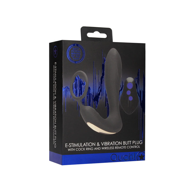 Ouch! E Stim & Vibrating Butt Plug Cock Ring Black Usb Rechargeable Vibrating Butt Plug & Cock Ring With E Stim